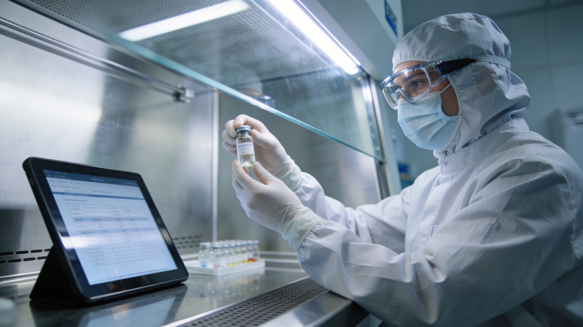 Pharmacist in ISO 5 clean room inspecting compounded vial